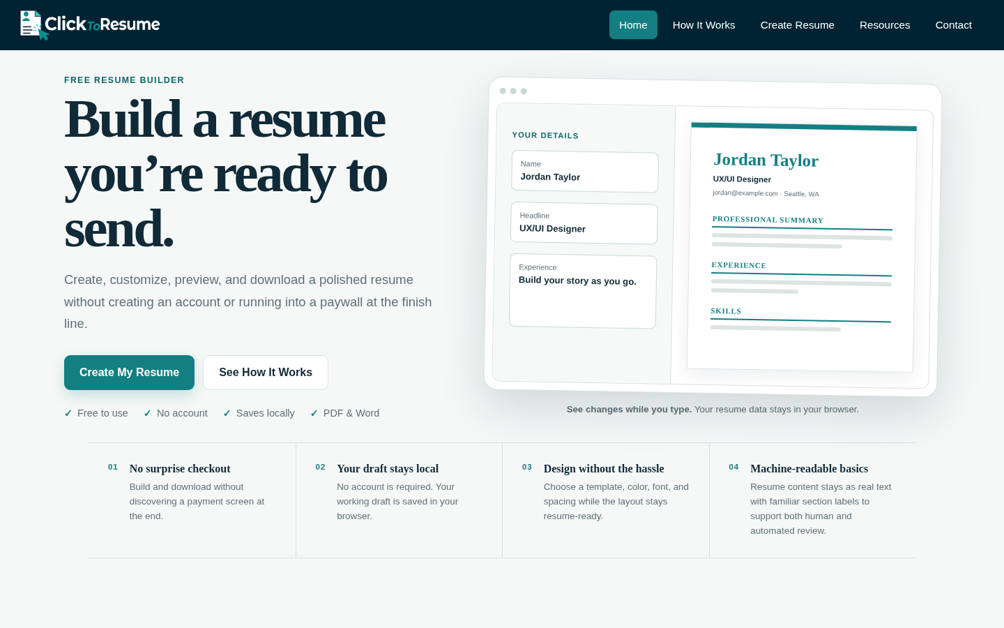 ClickToResume live resume builder homepage